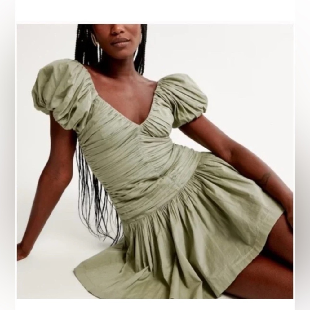 Abercrombie & Fitch Sage Green Puff Sleeve Mini Dress